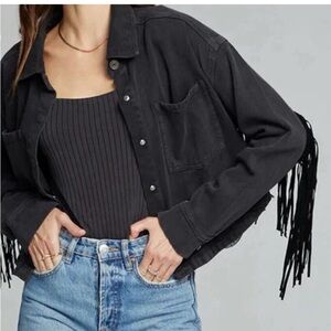 Cropped Boutique cut off fringe jean jacket